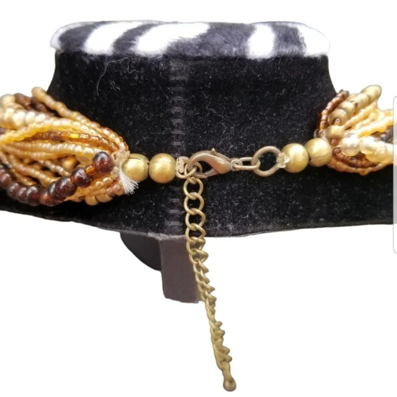 VINTAGE WARM TONED GLASS & WOOD SEED BEAD LAYERED  NECKLACE - Picture 3 of 3